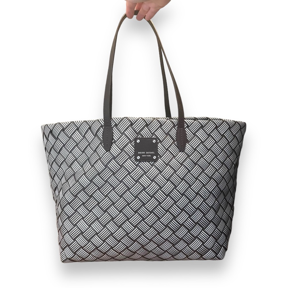 Henri Bendel Large Carryall Shoulder Tote Bag Woven Basket Weave With Leather